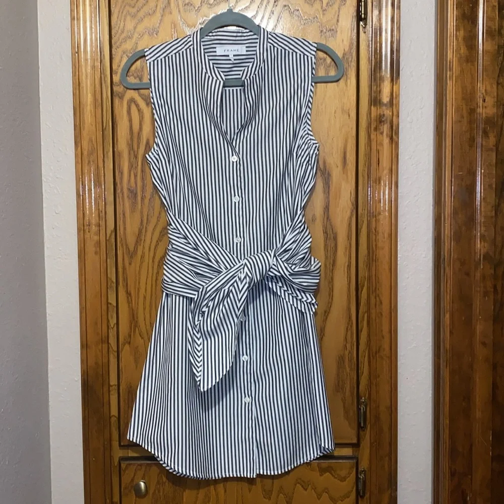 FRAME Cotton Sleeveless Striped Button Down Dress Tie Waist Shirt Dress SMALL - Picture 3 of 11